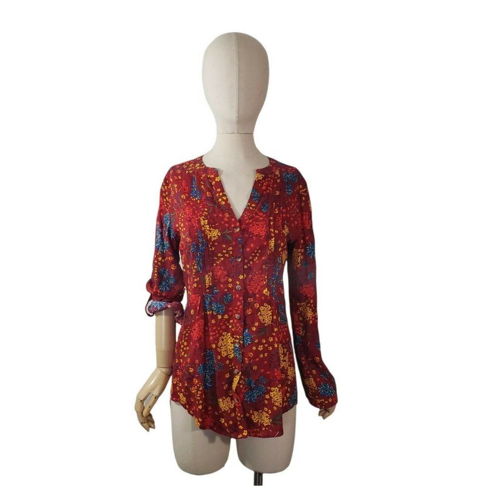 ANTHROPOLOGIE MAEVE Floral Button Up Roll Tab Sleeve Blouse Top Size Small